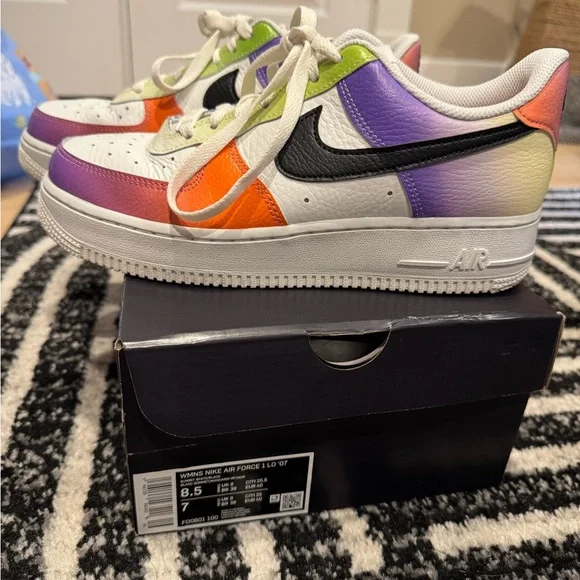 Nike Air Force 1s Low-Top Sneakers with Orange, Purple, Green & Black Accents - Picture 2 of 6